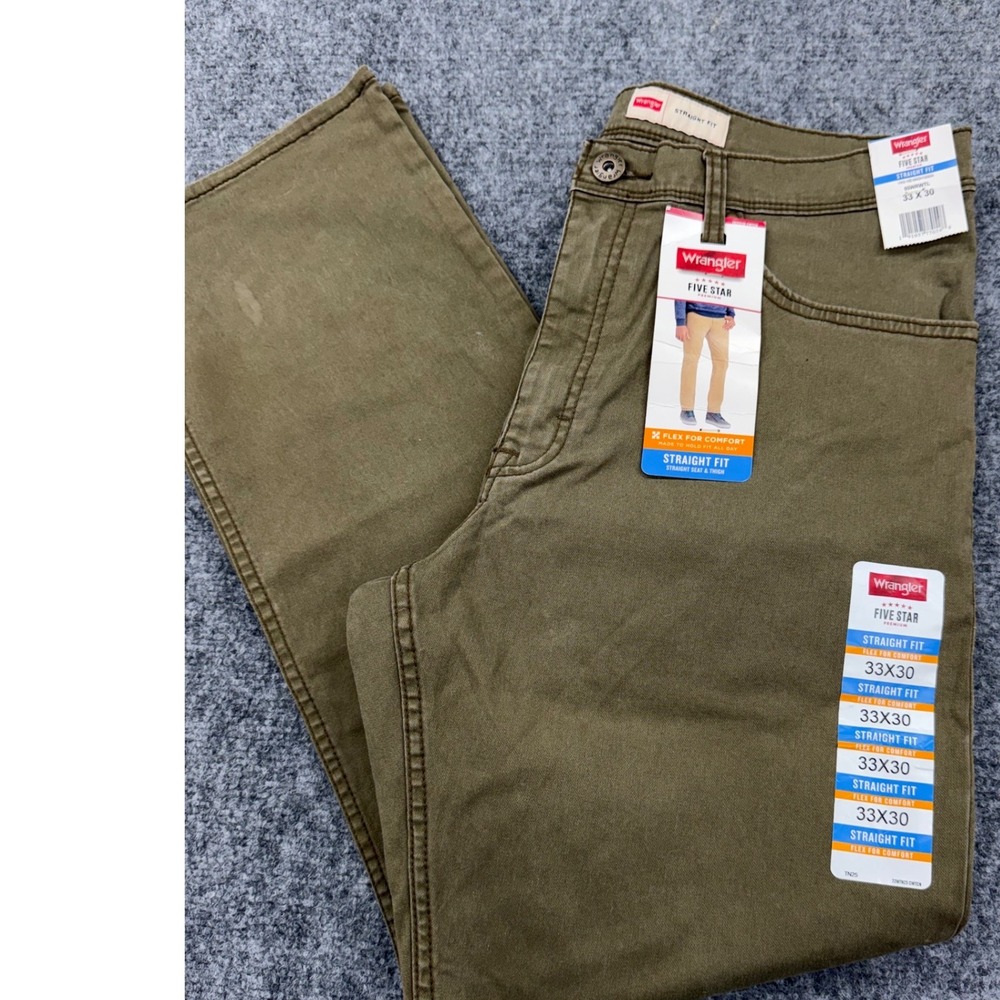 Wrangler Five Star Premium Straight Fit Pants Olive Green Mens 33x30 Flex